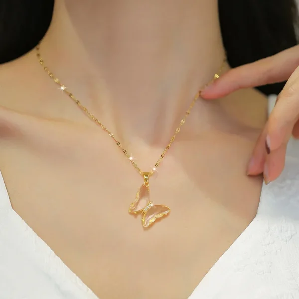 New Trendy Luxury Zircon Butterfly Pendant Necklace For Women Stainless Steel Clavicle Chain Female Party Temperament Jewelry