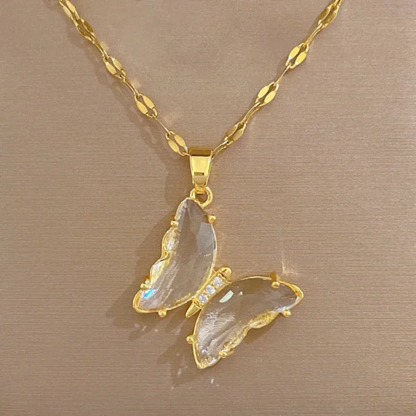 New Trendy Luxury Zircon Butterfly Pendant Necklace For Women Stainless Steel Clavicle Chain Female Party Temperament Jewelry